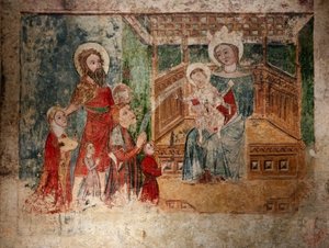 Wandmalerei Ursprung der Einsiedelei von Ipas (Huerca). 15. Jahrhundert