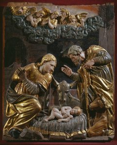 Geburt Christi, Detail eines Renaissance-Altars (bemaltes und vergoldetes Holz) von Spanish School