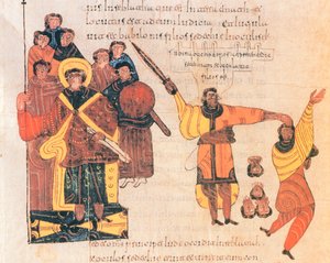 Nebukadnezar befiehlt, die Söhne des Rebellen Zedekia zu töten, fol.289v., aus der westgotisch-mozarabischen Bibel von St. Isidor, 960 n. Chr. von Spanish School