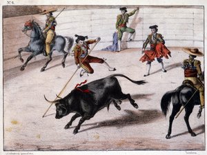 Stabhochsprung, Stierkampf in Spanien, spanische Lithographie, 19. Jahrhundert von Spanish School