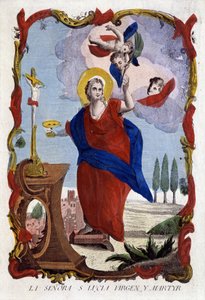 Porträt von Sankt Lucia (Augen auf einem Teller und Palme des Martyriums) - Spanische Gravur von Spanish School