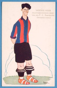Postkarte mit einer Karikatur des spanischen Fußballers Vicente Piera von Barcelona von Spanish School
