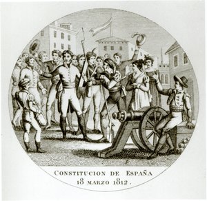 Proklamation der liberalen Verfassung vom 18. März 1812, durch die Patrioten, verkündet in Cádiz durch die Cortes von Spanish School