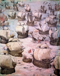 Regatta spanischer Galeonen während einer Expedition zu den Azoren im Jahr 1582 unter Philipp II., König von Spanien. Fresko des 16. Jahrhunderts. Schlachtensaal, Palast des Escorial, Madrid von Spanish School