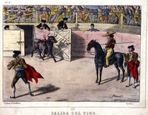 Freilassung des Stiers, Stierkampf in Spanien (Lithographie, 19. Jahrhundert) von Spanish School