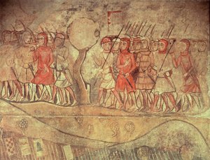 Soldaten aus der Armee von König Jakob I. (1208-76), eine Gruppe von Fußsoldaten mit Bögen und Lanzen (Detail)