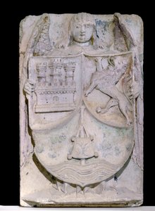 Spanisches Wappen des 14. Jahrhunderts: Wappen von Kastilien und León, der Pilgerstab erinnert an den heiligen Jakobus von Compostela, aufbewahrt in der Zisterzienserabtei von Fontenay, Burgund von Spanish School
