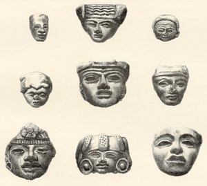 Steinköpfe und Masken, gefunden in Teotihuacan, Mexiko von Desiré Charnay während seiner Expedition 1880-1883