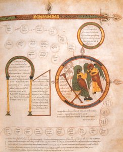 Die Verkündigung an Maria und die Genealogie Jesu, aus der Westgotisch-Mozarabischen Bibel von St. Isidores, fol.10r., 960 n. Chr. (Tempera auf Pergament)