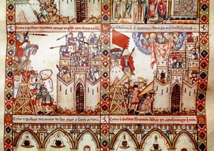 Die Sarazenen belagern eine christliche Stadt. Detail einer Seite aus einem Manuskript des Liedes von der heiligen Maria (Cantigas de Santa Maria), Miniaturen, die der heiligen Maria und ihren Wundern gewidmet sind, eine Sammlung von Liedern, verfasst unte