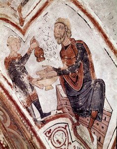 Der Zyklus der Monate: Pontius Pilatus wäscht seine Hände. Detail eines Freskos aus dem 12. Jahrhundert im Königlichen Pantheon der Real Colegiata von San Isidoro von Spanish School