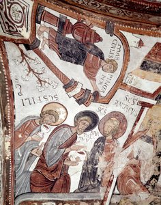 Der Zyklus der Monate: ein Diener bietet den Aposteln (St. Andreas, St. Bartholomäus und St. Philippus) ein Getränk an. Detail eines Freskos aus dem 12. Jahrhundert im Königlichen Pantheon der Real Colegiata von San Isidoro