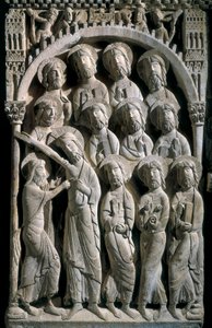 Der Unglaube des Heiligen Thomas. Skulptur des Meisters von Saint Dominic von Silos (12. Jahrhundert). Relief auf Stein