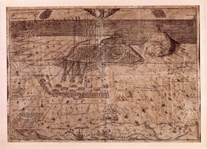 Der Aufstand Kataloniens oder der Krieg der Schnitter (1640-1659), die Belagerung Barcelonas zu Wasser und zu Land durch die Truppen Philipps IV. von Spanien (1605-1665). Gravur 1652. Stadtgeschichtsmuseum, Barcelona von Spanish School