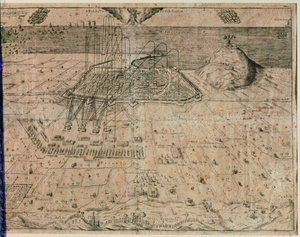Die Belagerung der Stadt Barcelona durch die Truppen von König Philipp IV. während des Erntekrieges von 1640-52 (Gravur)