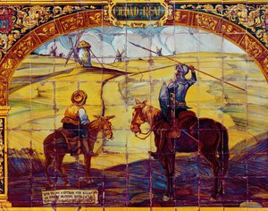 Fliesen, die Don Quijote und Sancho Panza zeigen, wie sie sich darauf vorbereiten, die Windmühlen anzugreifen (Keramik)