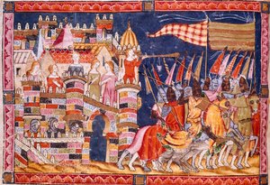 Trojanischer Krieg: Die Stadt Troja und die trojanische Armee ziehen in die Schlacht (Detail einer Miniatur aus dem spanischen Manuskript „Codex Benito de Santa Mora“)