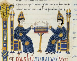 Zwei katholische Bischöfe vor einem Manuskript, Miniatur aus den Glosas Emilianenses, 992-994