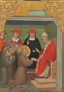 Der heilige Franziskus vor dem Papst Die Bestätigung der Franziskanerregel, 1390-1400