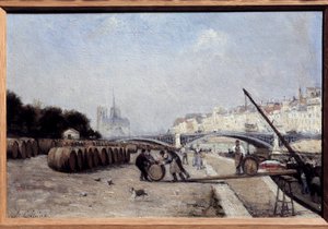 Die Seine an der Sully-Brücke, der Weinport, das Quai Saint Bernard. Gemälde von Stanislas Lepine (1835-1892). 1882-1885. Dim. 0,15 x 0,23. Private Sammlung von Stanislas Victor Edouard Lepine