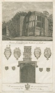 Tixall Hall - Gotisches Fenster und heraldische Antiquitäten: Gravur, undatiert [1762-1802]