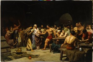 Die Gladiatoren vor ihrem Auftritt in der Arena. Römische Patrizier besuchen und bewerten die Gladiatoren vor dem Kampf, Frauen schmeicheln und beglückwünschen die Kämpfer von Stefan Vladislavovich Bakalowicz