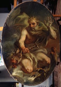 Neptun mit Krone und Dreizack, dargestellt mit Meeresmonstern