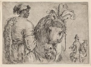 Ein schwarzer Mann füttert ein Pferd, wahrscheinlich 1662