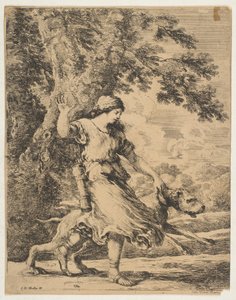 Eine Nymphe hält einen großen Hund am Halsband (ca. 1654) von Stefano della Bella