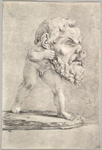 Ein Kind mit einer großen Maske, das seine Hand durch den Mund steckt, ca. 1660