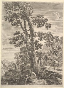 Ein Fischer in der Mitte nach links gewandt und an einen großen Baum gelehnt, eine Frau geht..., ca. 1652-57