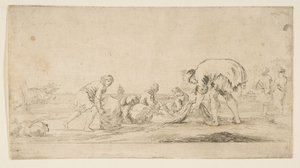 Ein Fischer bringt seine Netze ein, ein Mann links schiebt einen Ballen nach rechts, zwei sitzende... (ca. 1662)