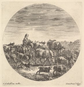 Eine Bäuerin sitzt auf einem Pferd nach links, schaut nach rechts, umgeben von einer Herde, ca. 1643-48 von Stefano della Bella