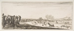 Eine Prozession von pferdegezogenen Kanonenwagen nach links, Reiter im Kampf und ein toter Soldat, ca. 1641
