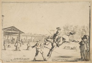 Eine Reitschule, ein Reiter mit Schwert springt, geleitet von einem anderen Mann mit Schwert, ca. 1645 von Stefano della Bella