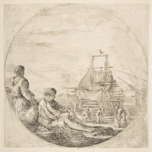 Ein sitzender weißer Matrose und ein stehender schwarzer Matrose, Menschen bauen ein Schiff im Hintergrund von Stefano della Bella