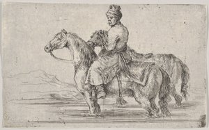 Ein Diener bringt zwei Pferde zum Baden, sitzt auf einem Pferd im Fluss, das andere daneben, ca. 1662 von Stefano della Bella