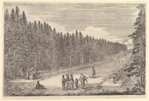 Eine Allee von Brunnen, eine Gruppe von Menschen in der Mitte, ein Mann und ein Hund sitzen rechts von Stefano della Bella