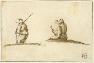 Künstler beim Skizzieren und Soldat, beide von hinten gesehen