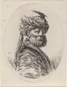 Bärtiger Mohr in einem gefiederten Turban mit Schleier, nach rechts gewandt, 1649-1650 von Stefano della Bella