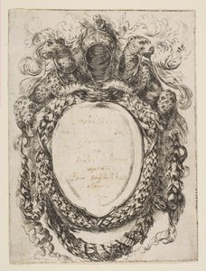 Kartusche gekrönt von Helm und Leoparden, 1647 von Stefano della Bella
