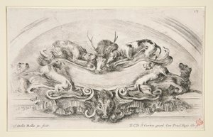 Kartusche mit Hunden, Hirsch und Wildschweinkopf von Stefano della Bella
