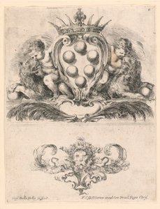 Wappen des Großherzogs der Toskana: Ornament mit einer Löwenmaske, Nr. 6 aus "Raccolta di varii cappriccii et nove inventioni di cartelle et ornamenti" von Stefano della Bella