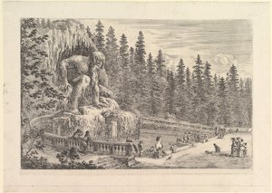 Kolossale Statue des Appenino von Giambologna links, dargestellt als riesiger Kauer..., ca. 1653 von Stefano della Bella