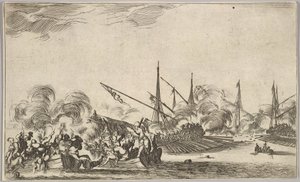 Kampf zwischen mehreren Ruderbooten und Schiffen, zwei Gruppen von Männern in Ruderbooten kämpfen links, 1639
