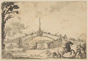Kampf auf einer Brücke, ein Reiter und zwei Fußsoldaten kämpfen mit Schwertern unten rechts, ca. 1645 von Stefano della Bella