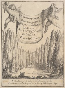 Frontispiz für Der Zypressenwald La selva di cipressi: zwei Putti halten einen Wandteppich..., 1640 von Stefano della Bella