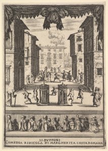 Frontispiz für die Komödie Die Buffonen, ein Bühnenbild, das einem Puppentheater ähnelt, 1639-41 von Stefano della Bella