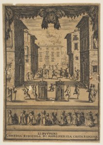 Frontispiz für die Komödie Die Buffonen Li Buffoni, eine Bühnenkulisse ähnelnd..., ca. 1639 von Stefano della Bella