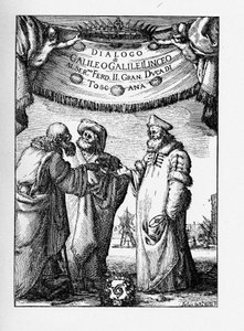 Frontispiz des Dialogs über die zwei wichtigsten Weltsysteme von Galileo Galilei, 1632 von Stefano della Bella